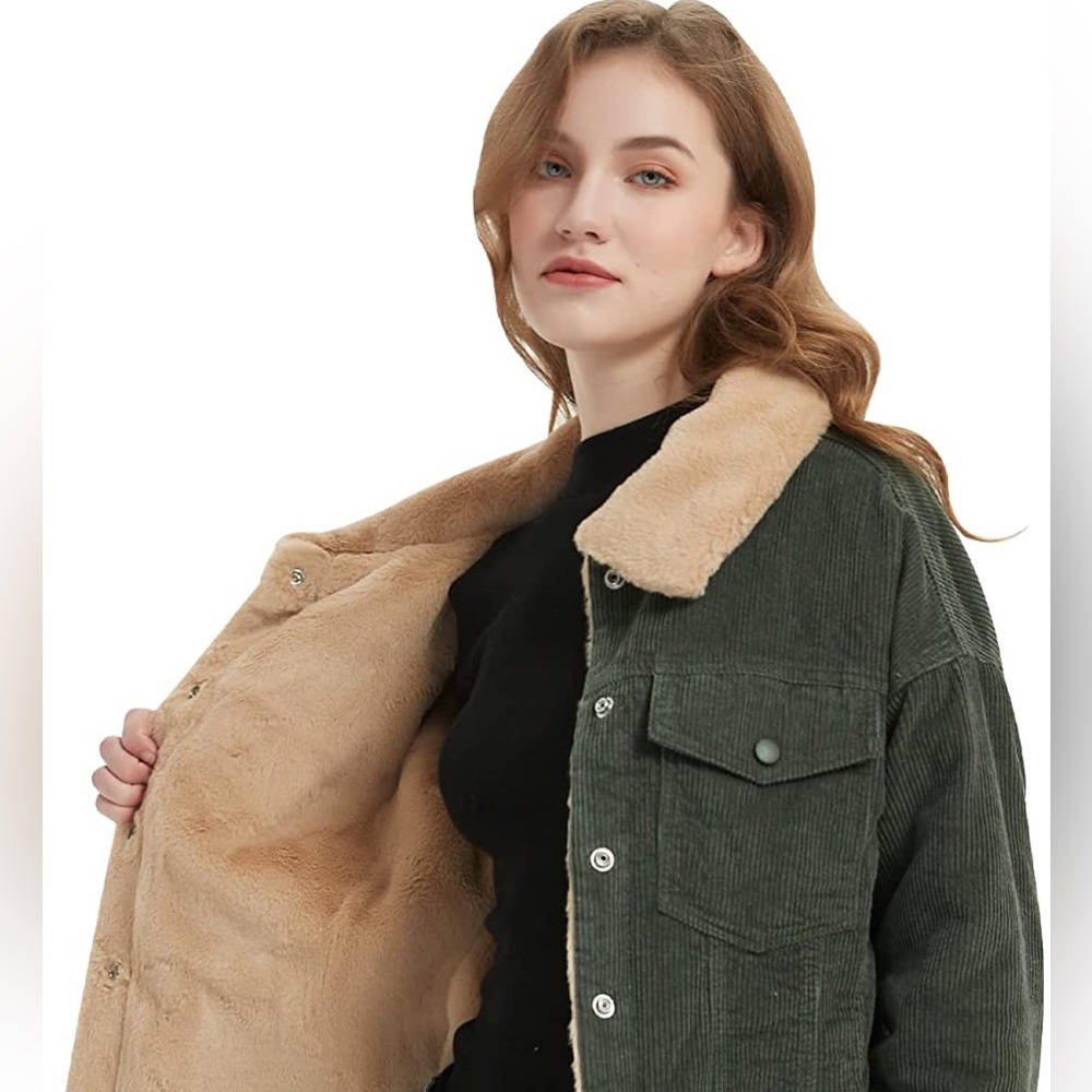MOVING SALE Green corduroy jacket with faux fur lining